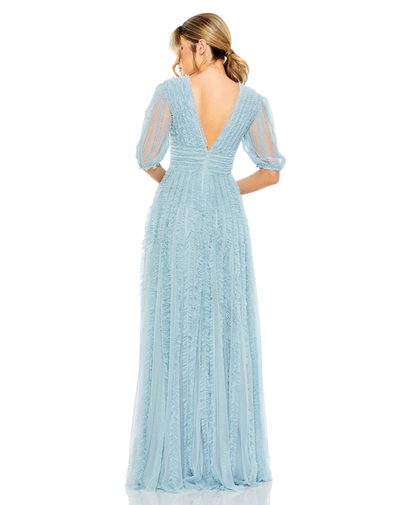 Mac Duggal V Neck Puff Sleeve Ruffle Tiered A Line Gown In French Blue