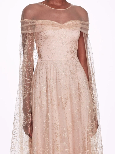 Shop Marchesa Off-shoulder Glitter Cape Gown In Nude