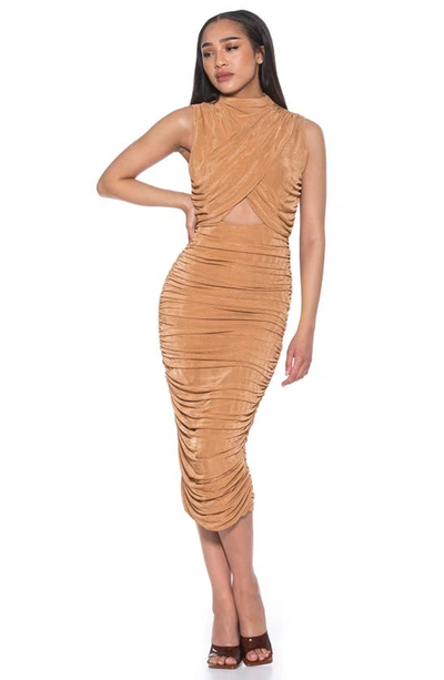 Shop Alexia Admor Khloe Sleeveless Ruched Cutout Midi Dress In Beige