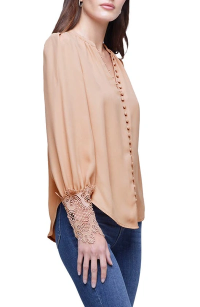 Shop L Agence Ava Lace Cuff Button-up Blouse In Praline