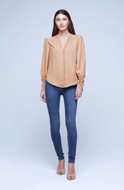 Shop L Agence Ava Lace Cuff Button-up Blouse In Praline