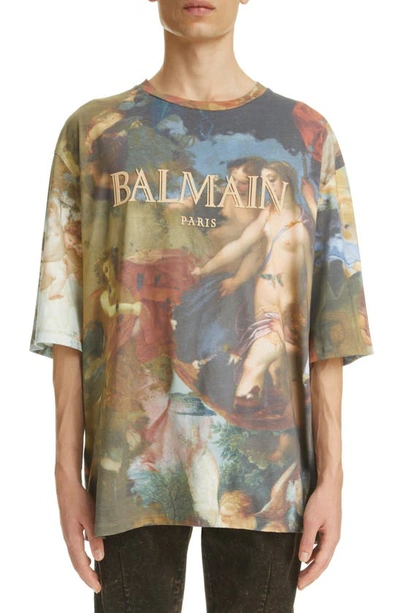Shop Balmain Allover Renasissance Print Cotton T-shirt In Black/ Beige