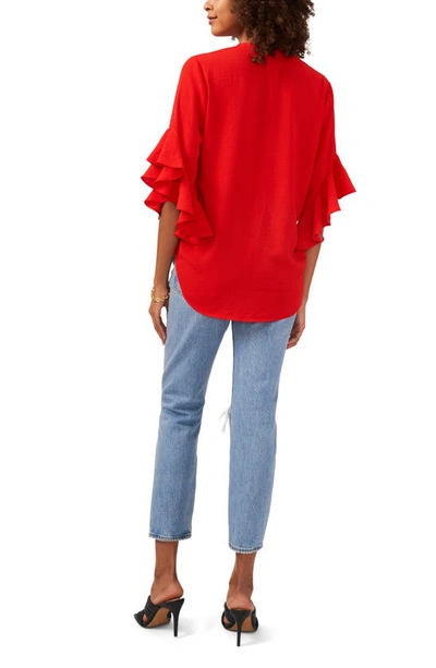 Shop Vince Camuto Ruffle Sleeve Split Neck Blouse In Cherry Red