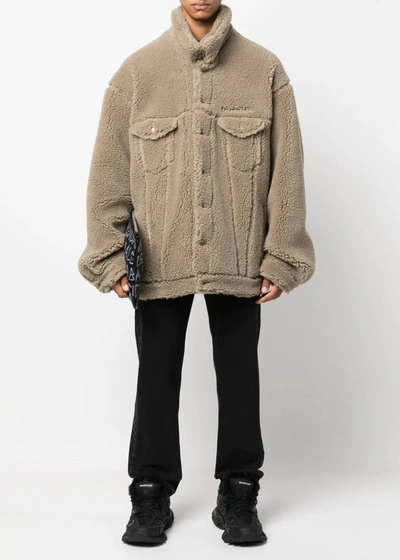 Shop Balenciaga Beige Oversized Fleece Jacket