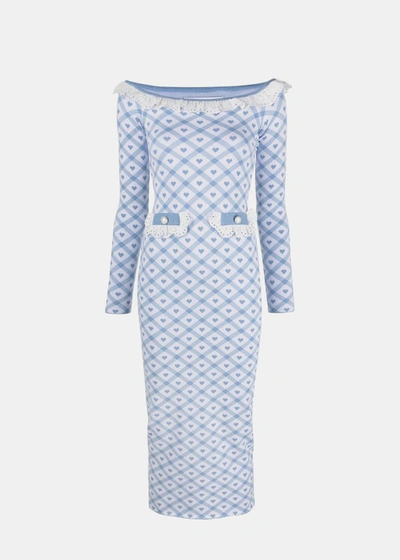 Shop Alessandra Rich Blue Checked Jacquard Knitted Midi Dress In Blue/white