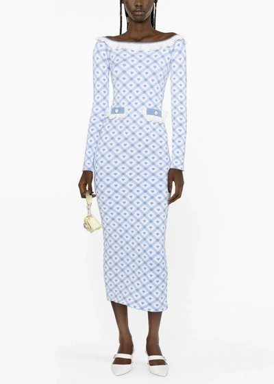 Shop Alessandra Rich Blue Checked Jacquard Knitted Midi Dress In Blue/white