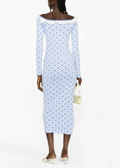 Shop Alessandra Rich Blue Checked Jacquard Knitted Midi Dress In Blue/white