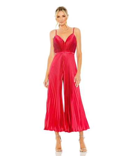Shop Ieena For Mac Duggal Cropped Pleated V-neck Wide Leg Jumpsuit In Cranberry