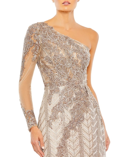 Shop Mac Duggal Embellished One Shoulder A Line Gown In Taupe