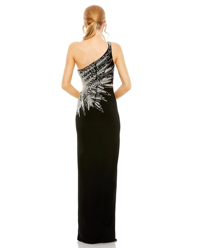 Mac Duggal One-shoulder Sleeveless Gown With Thigh Slit And Luxe Embellishments In Black