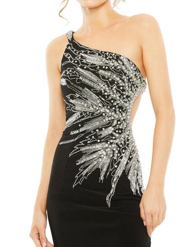 Mac Duggal One-shoulder Sleeveless Gown With Thigh Slit And Luxe Embellishments In Black