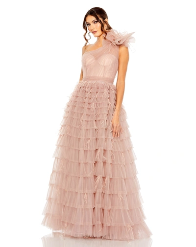 Shop Mac Duggal One Shoulder Faux Bow Feather Tiered A Line Gown In Dusty Rose