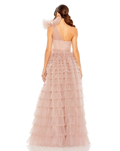 Shop Mac Duggal One Shoulder Faux Bow Feather Tiered A Line Gown In Dusty Rose