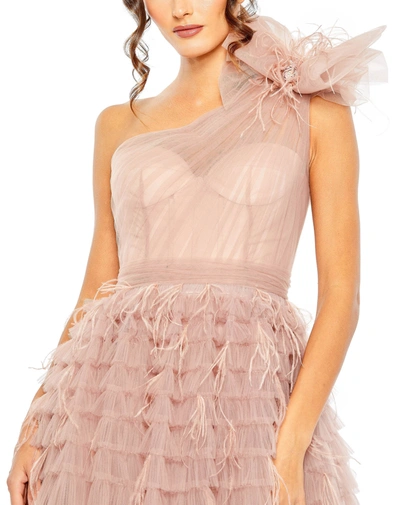 Mac Duggal One Shoulder Faux Bow Feather Tiered A Line Gown In Dusty Rose