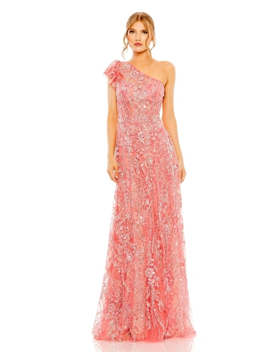 Shop Mac Duggal One Shoulder Flutter Sleeve Embellished Gown In Coral