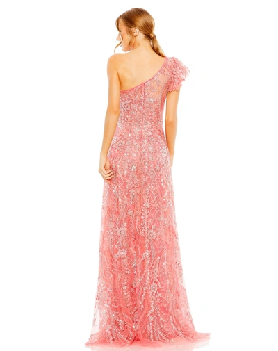Mac Duggal One Shoulder Flutter Sleeve Embellished Gown In Coral