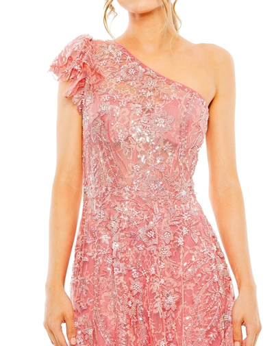 Mac Duggal One Shoulder Flutter Sleeve Embellished Gown In Coral