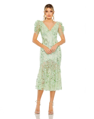 Shop Mac Duggal Puff Sleeve V Neck Floral Embellished Dress In Mint