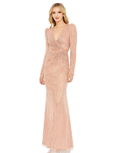 Shop Mac Duggal Sequined Wrap Over Long Sleeve Gown In Rose