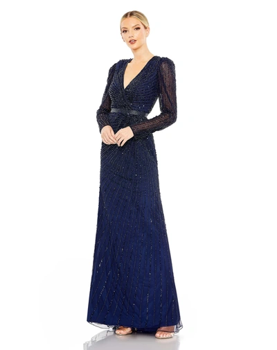 Shop Mac Duggal Sequined Wrap Over Long Sleeve Gown In Midnight