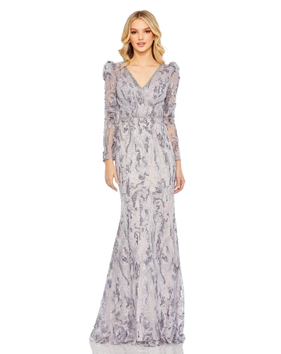 Shop Mac Duggal V-neck Embellished Puff Sleeve Gown In Lilac