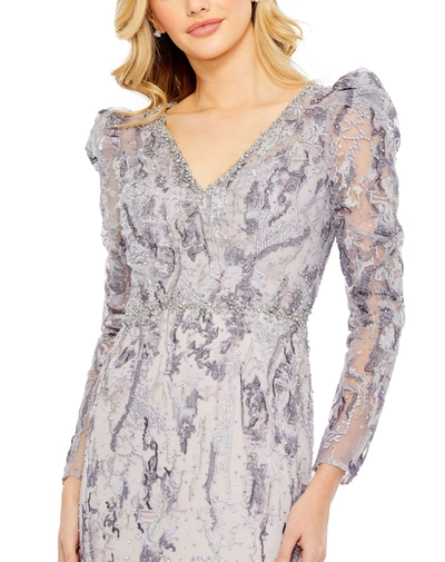 Shop Mac Duggal V-neck Embellished Puff Sleeve Gown In Lilac