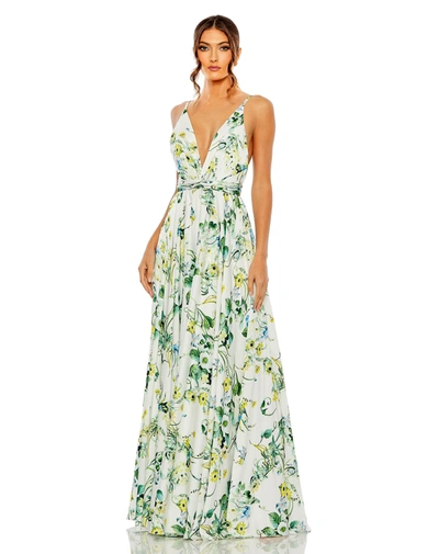 Shop Mac Duggal Sleeveless V-neck Floral Print Gown In White Multi