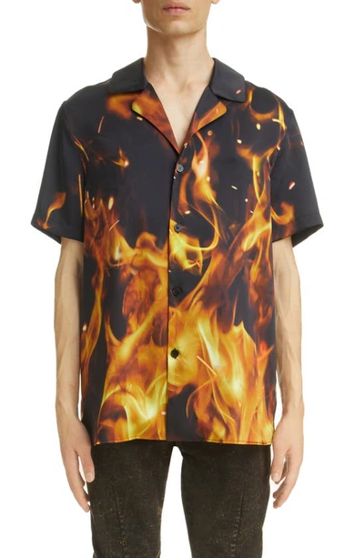 Shop Balmain Allover Fire Print Short Sleeve Pajama Shirt In Black/ Bright Yellow/