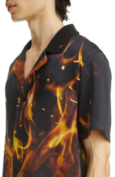Shop Balmain Allover Fire Print Short Sleeve Pajama Shirt In Black/ Bright Yellow/