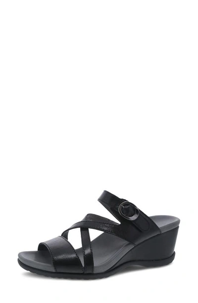 Shop Dansko Ana Asymmetric Strappy Wedge Sandal In Black Glazed Calf