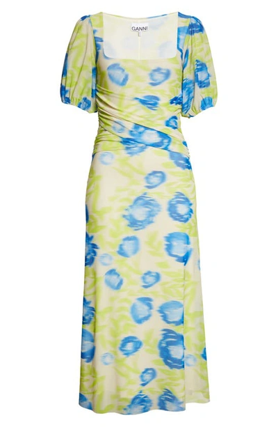 Shop Ganni Print Puff Sleeve Mesh Dress In Strong Blue/ Green