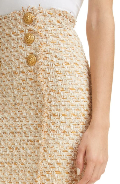 Shop Balmain Six Button High Waist Eyelash Tweed Skirt In Beige Multi