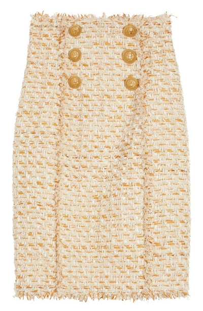 Shop Balmain Six Button High Waist Eyelash Tweed Skirt In Beige Multi