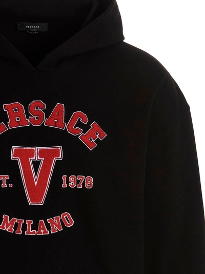 Shop Versace Logo Embroidery Hoodie In Black