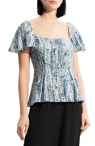 Theory Short-sleeve Godet Printed Silk Top In Teal Multi - Yv4