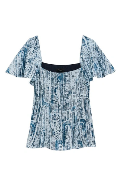 Theory Short-sleeve Godet Printed Silk Top In Teal Multi - Yv4