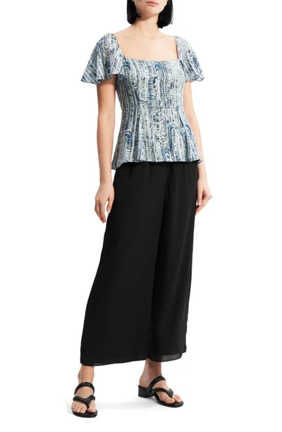 Theory Short-sleeve Godet Printed Silk Top In Teal Multi - Yv4