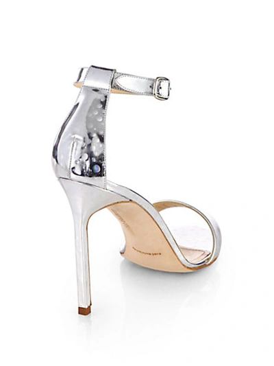 Shop Manolo Blahnik Chaos Holo Metallic Leather Ankle-strap Sandals In Silver