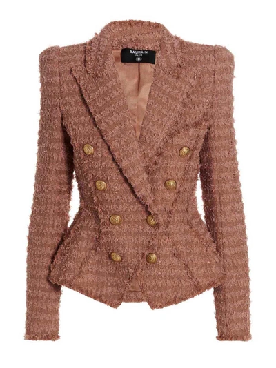Shop Balmain Double Breast Tweed Blazer Jacket In Pink