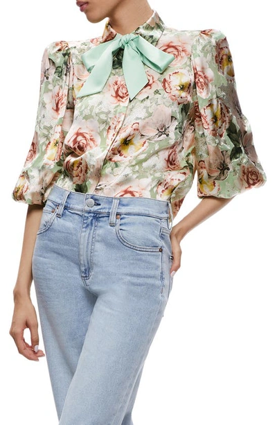 Shop Alice And Olivia Brentley Floral Bow Blouse In Morningside Floral Pistachio