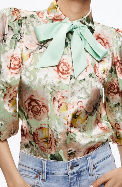 Shop Alice And Olivia Brentley Floral Bow Blouse In Morningside Floral Pistachio
