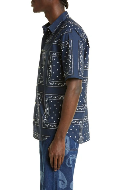 Shop Jacquemus La Chemise Melo Paisley Print Short Sleeve Button-up Shirt In 3dk Print Navy Paisley