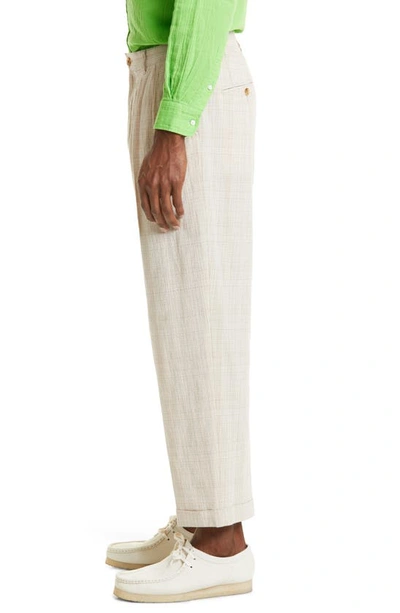 Shop Beams Double Pleat Plaid Cotton, Wool & Linen Trousers In Natural
