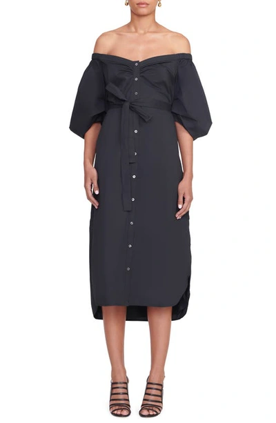 Shop Staud Reese Off The Shoulder Stretch Cotton Shirtdress In Black