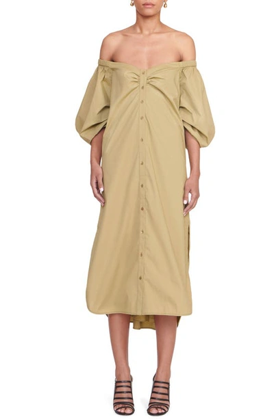 Shop Staud Reese Off The Shoulder Stretch Cotton Shirtdress In Khaki