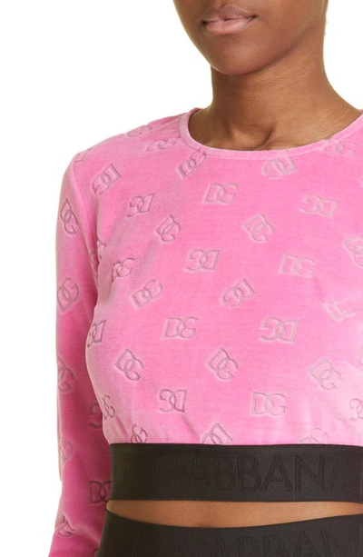 Shop Dolce & Gabbana Flocked Dg Monogram Long Sleeve Jersey Crop Top In Pink