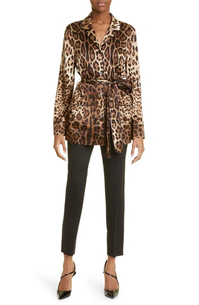 Dolce & Gabbana Diva Belted Leopard-print Silk-blend Satin Pajama Shirt In Light Brown