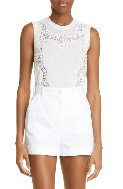 Shop Dolce & Gabbana Sleeveless Lace Inset Cashmere & Silk Blend Sweater In White Lace