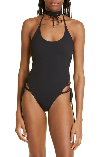 Shop Attico Lace-up Side Tie Rib One-piece Swimsuit In Black