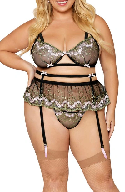 Dreamgirl Embroidered Underwire Bra, Garter Belt & Thong Set In Black/pink
